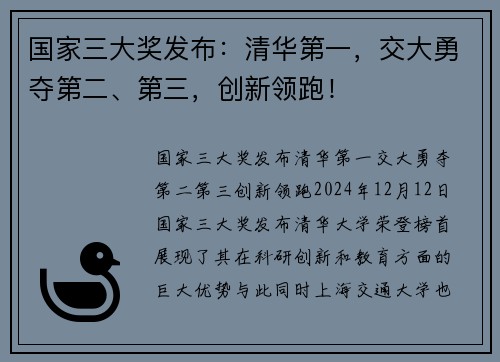 国家三大奖发布：清华第一，交大勇夺第二、第三，创新领跑！