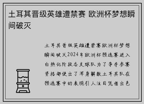 土耳其晋级英雄遭禁赛 欧洲杯梦想瞬间破灭