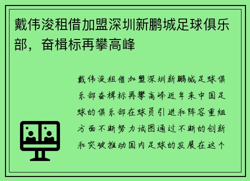 戴伟浚租借加盟深圳新鹏城足球俱乐部，奋楫标再攀高峰