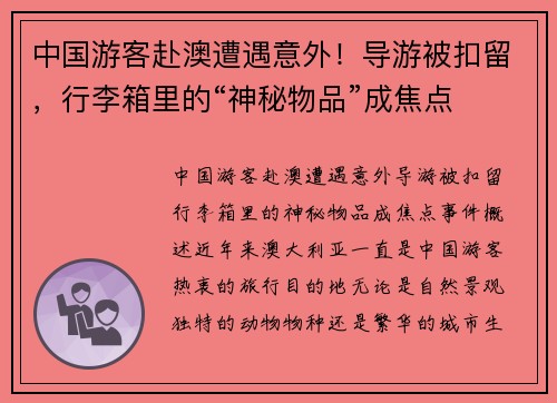 中国游客赴澳遭遇意外！导游被扣留，行李箱里的“神秘物品”成焦点